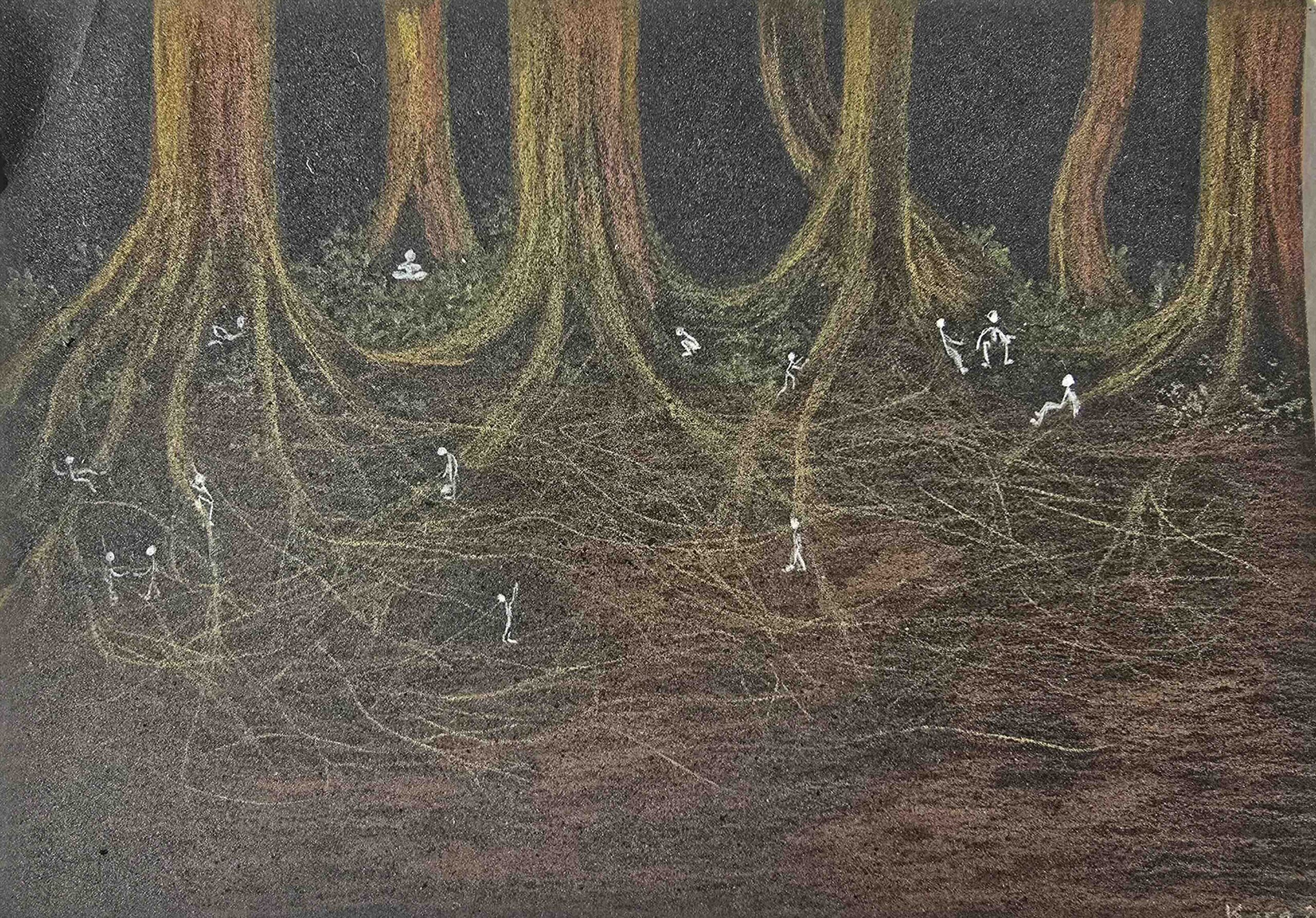 Huge trees with tiny people amidst their roots